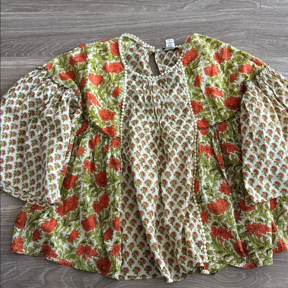 Rachel Zoe Women's Boho Top Pleated Floral Bohemian Blouse Relaxed Fit L